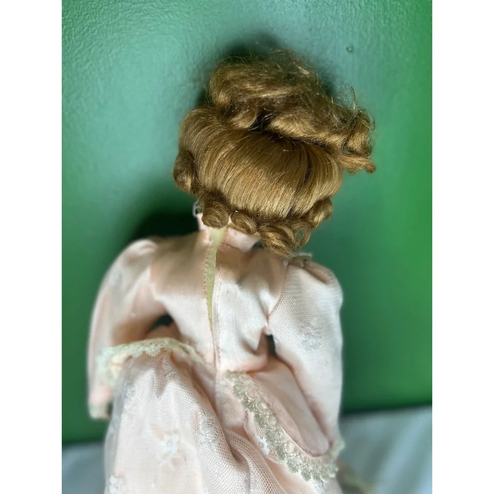 Vintage Porcelain Collector Doll Peach Lace Victorian Dress Auburn Hair Green